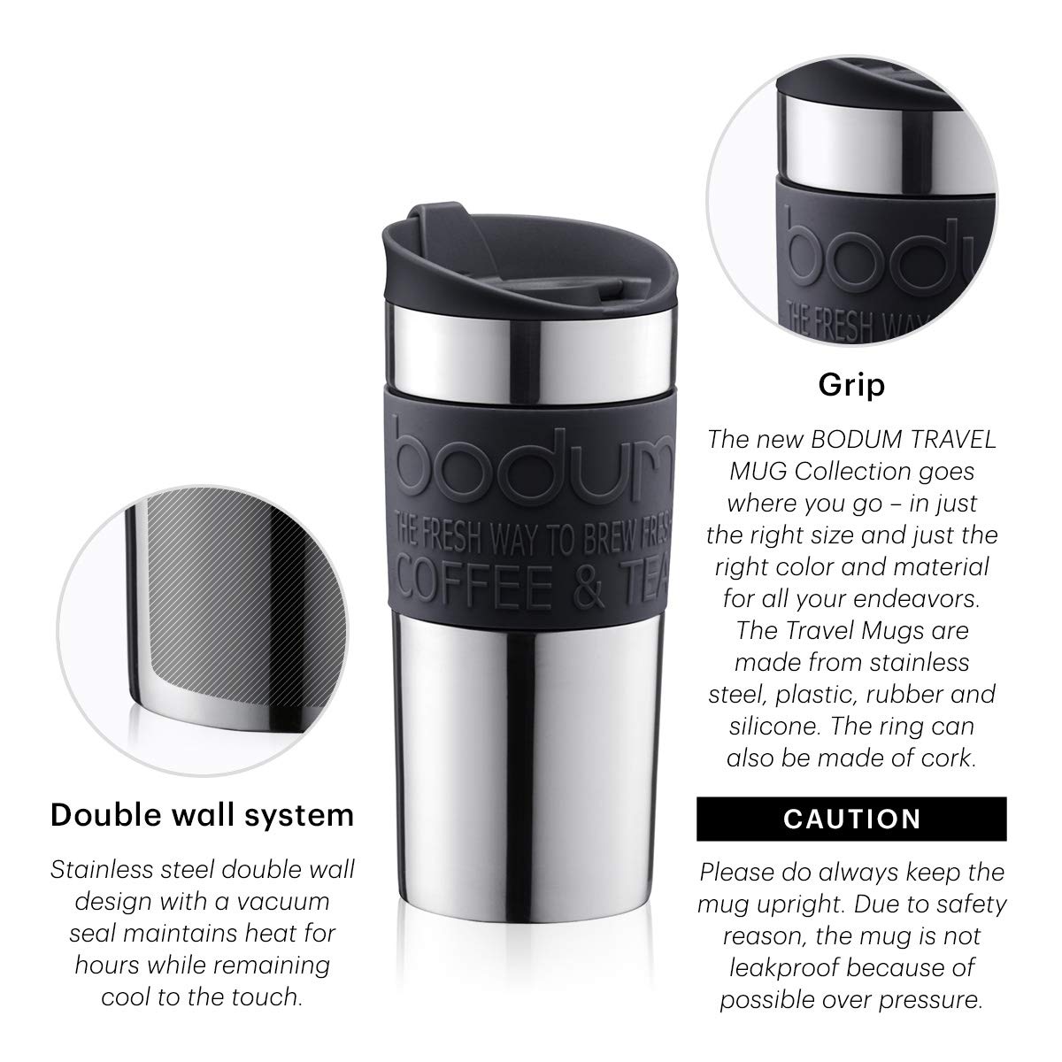 Bodum Travel Mug 350ml Stainless Steel Insulated Gunmetal