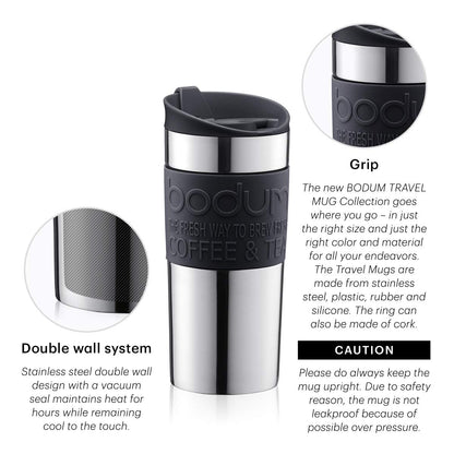 Bodum Travel Mug 350ml Stainless Steel Insulated Gunmetal