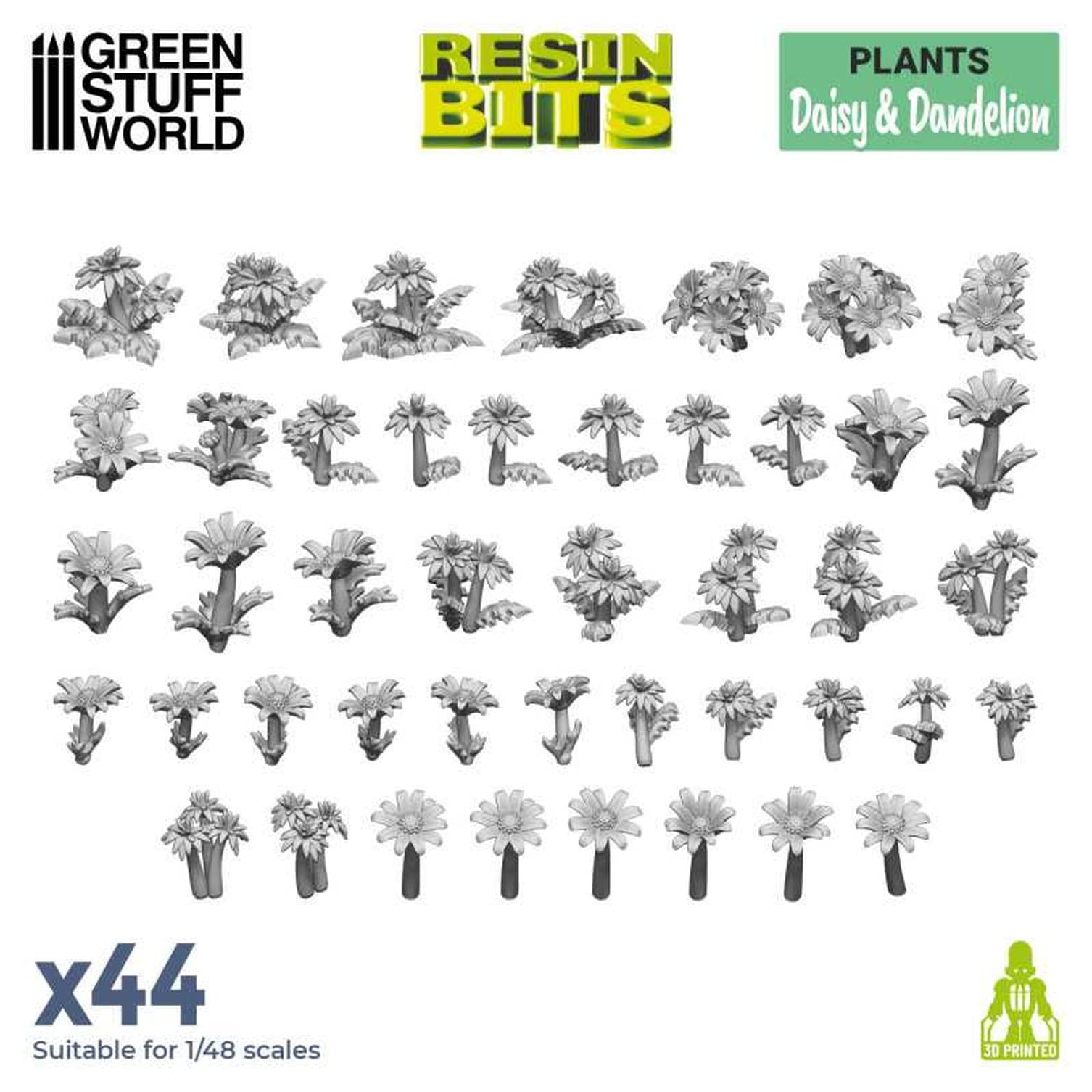 Green Stuff World Diorama Accessory 3D Printed Set of 44 Daisy and Dandelion