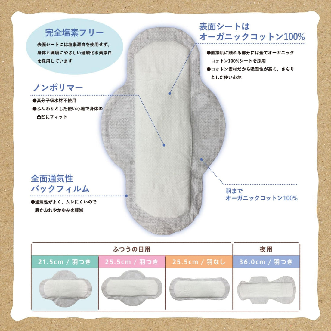 Cotton Labo Organic Cotton Napkins 25.5cm with Wings 16 Count