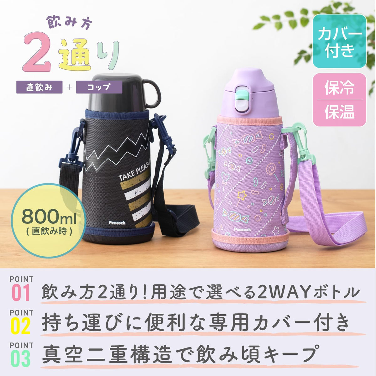 Peacock 800ml Insulated Water Bottle with 2-Way Drinking Feature