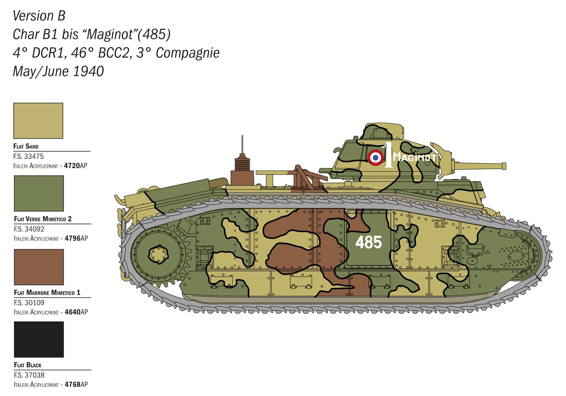 Italeri 1/56 Scale WWII French B1 bis Heavy Tank Model Kit