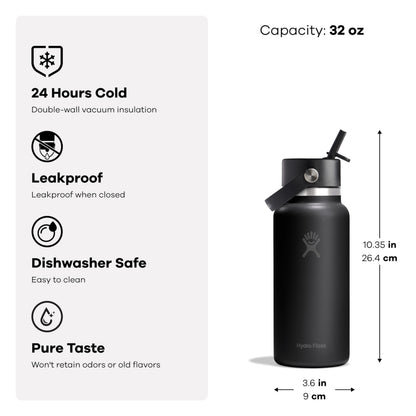 Hydro Flask Wide Mouth Flex Straw 32oz Black Durable Water Bottle