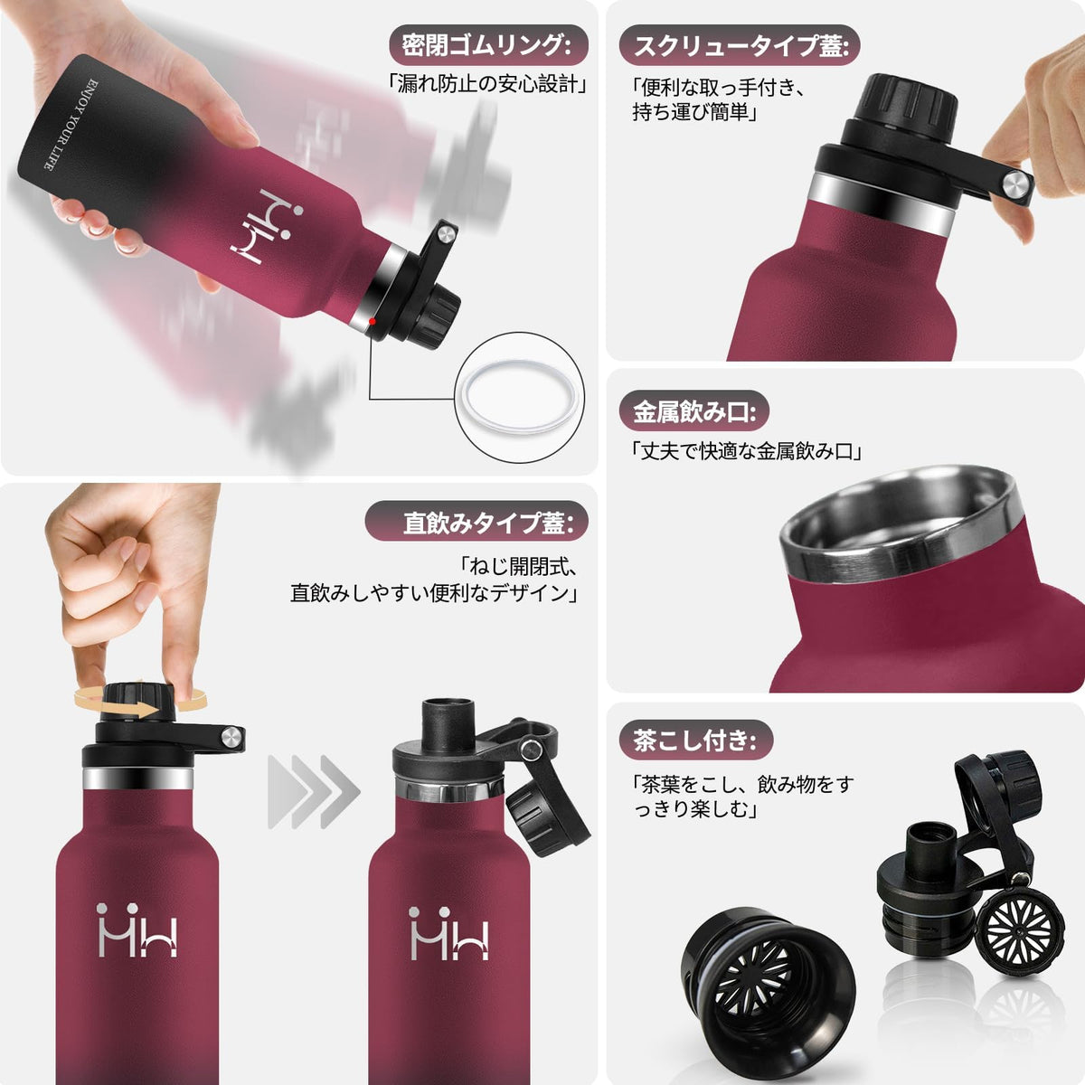 KollyKolla Stainless Steel Water Bottle 1L with Dual Lids and Handle