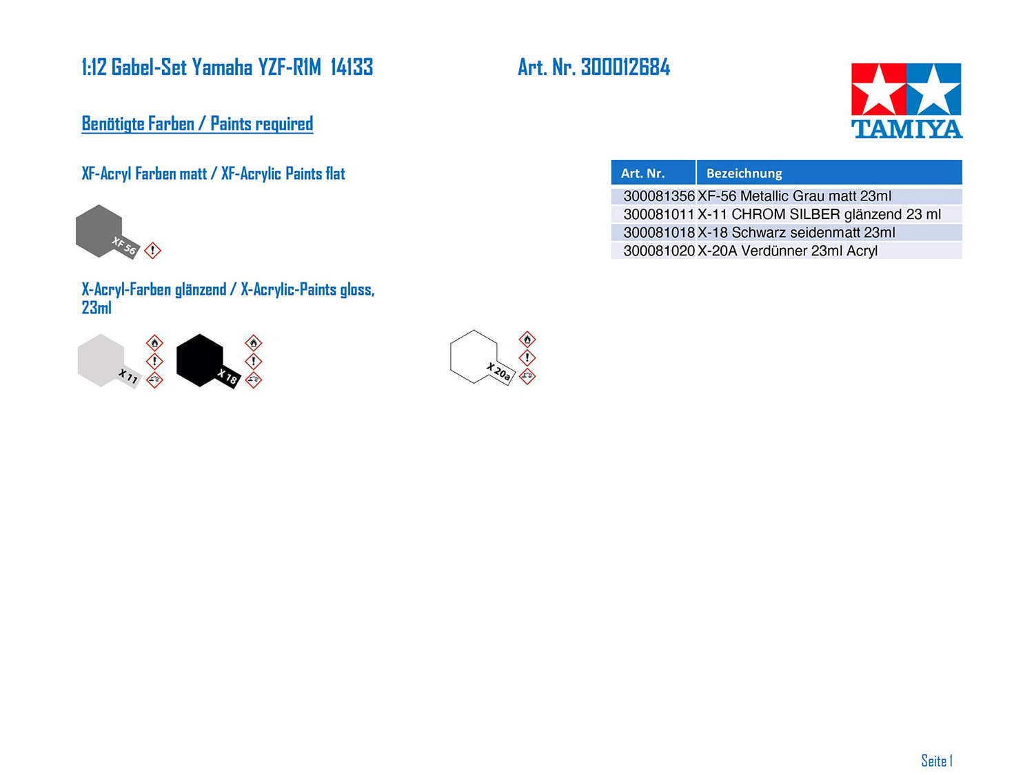 TAMIYA 1/12 Scale Model Detail Parts Set Yamaha YZF-R1M Front Fork
