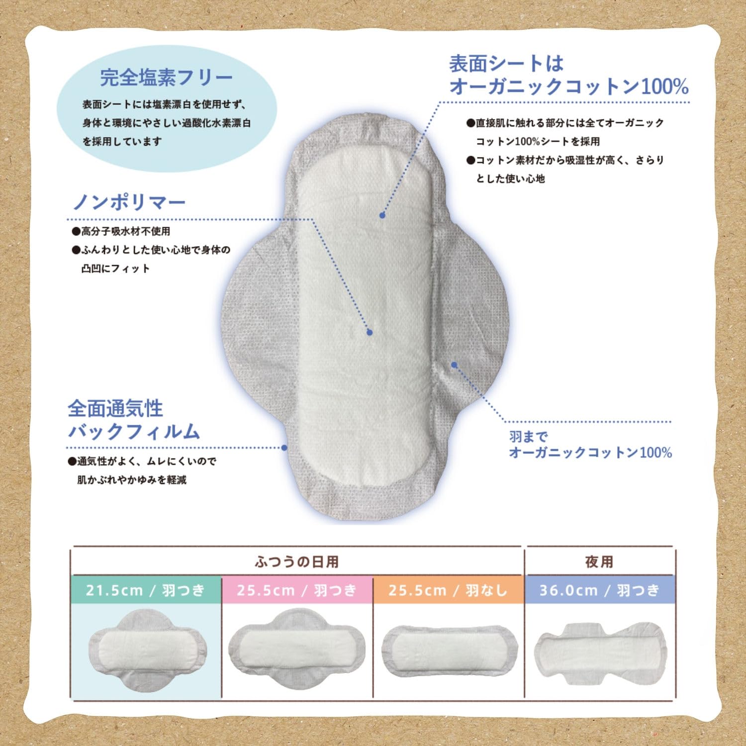 Cotton Labo Organic Cotton Napkins 21.5cm with Wings 20 Count