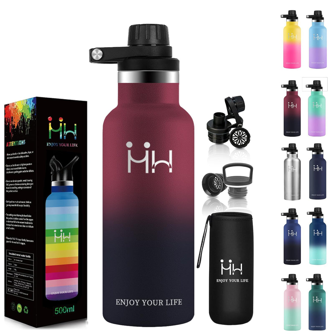 KollyKolla Stainless Steel Water Bottle 1L with Dual Lids and Handle