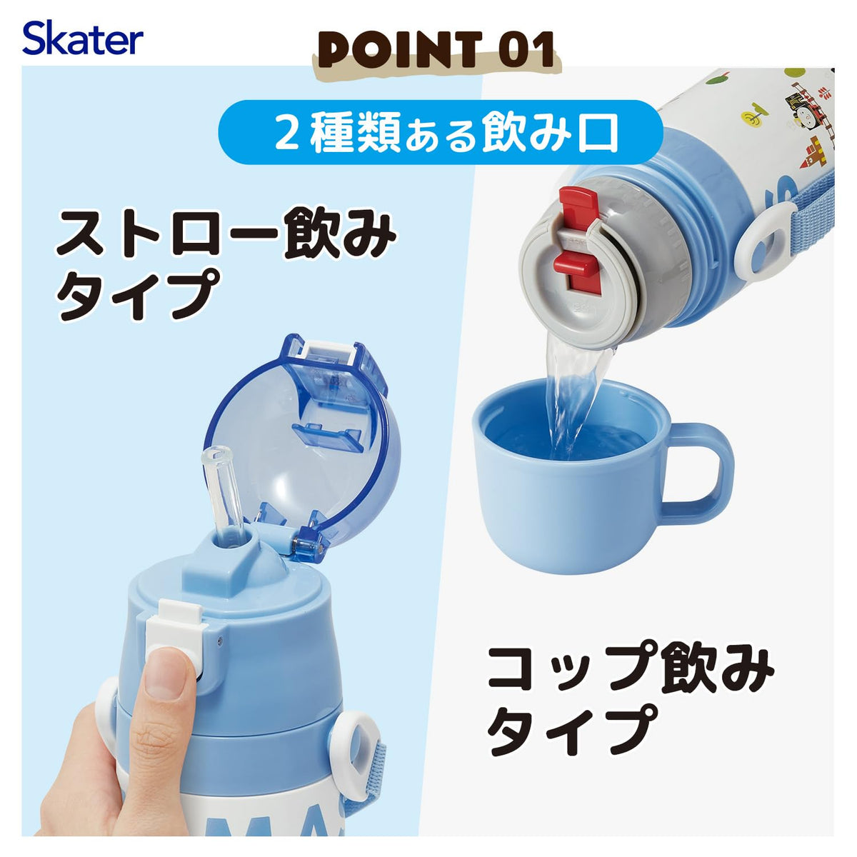 Skater Kids Water Bottle 2WAY Straw and Cup 400ml Thomas the Tank Engine
