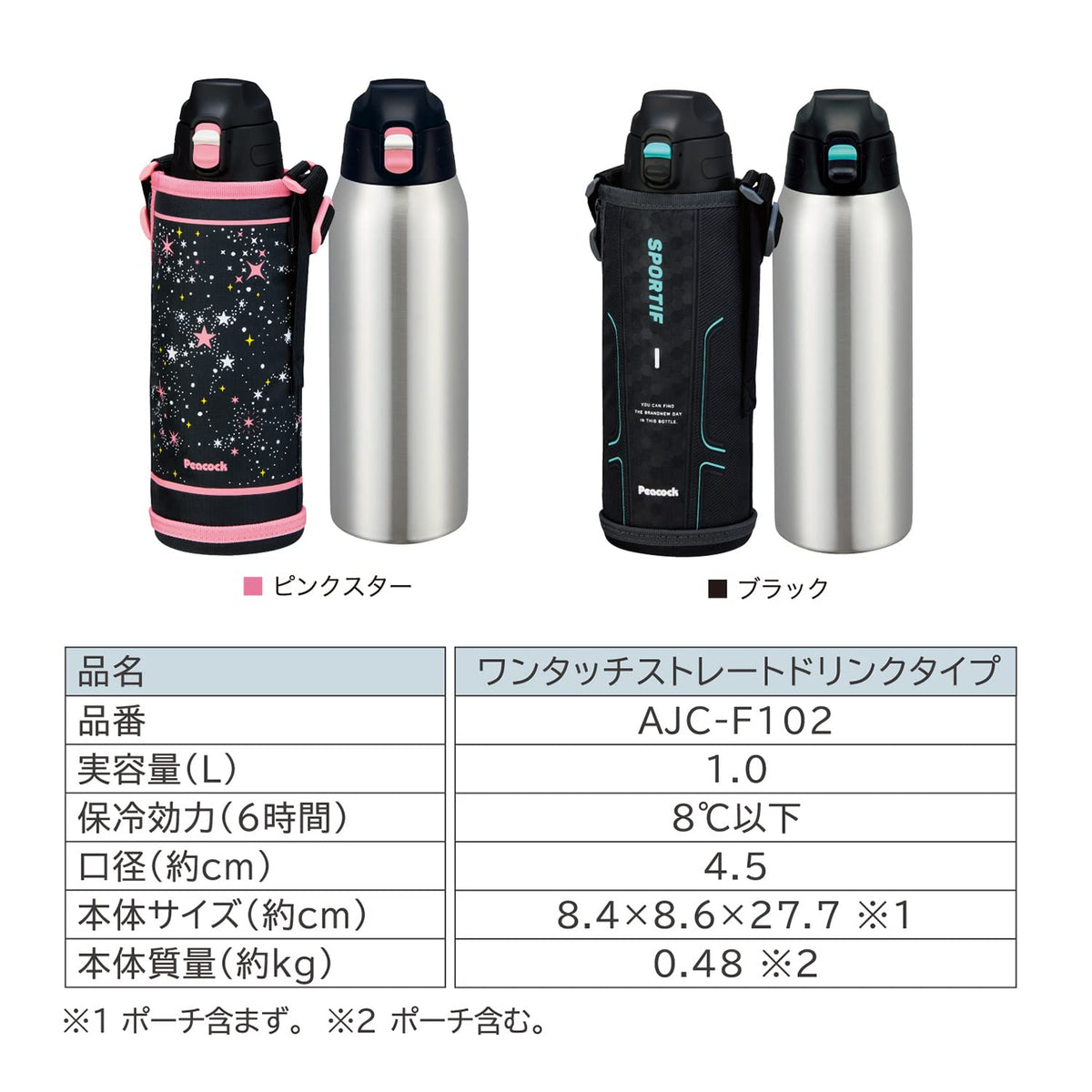 Peacock Stainless Steel Water Bottle 1000ml with Vacuum Insulation