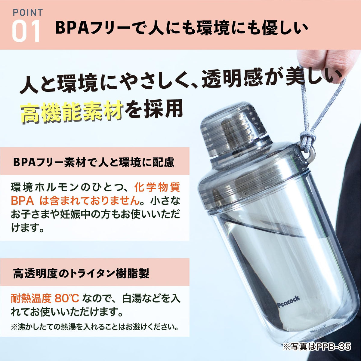 Peacock Clear Bottle Water Bottle 340ml with Strap