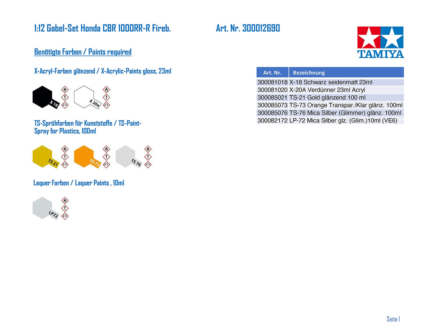 TAMIYA Detail-Up Parts Set for Honda CBR 1000RR-R Front Forks