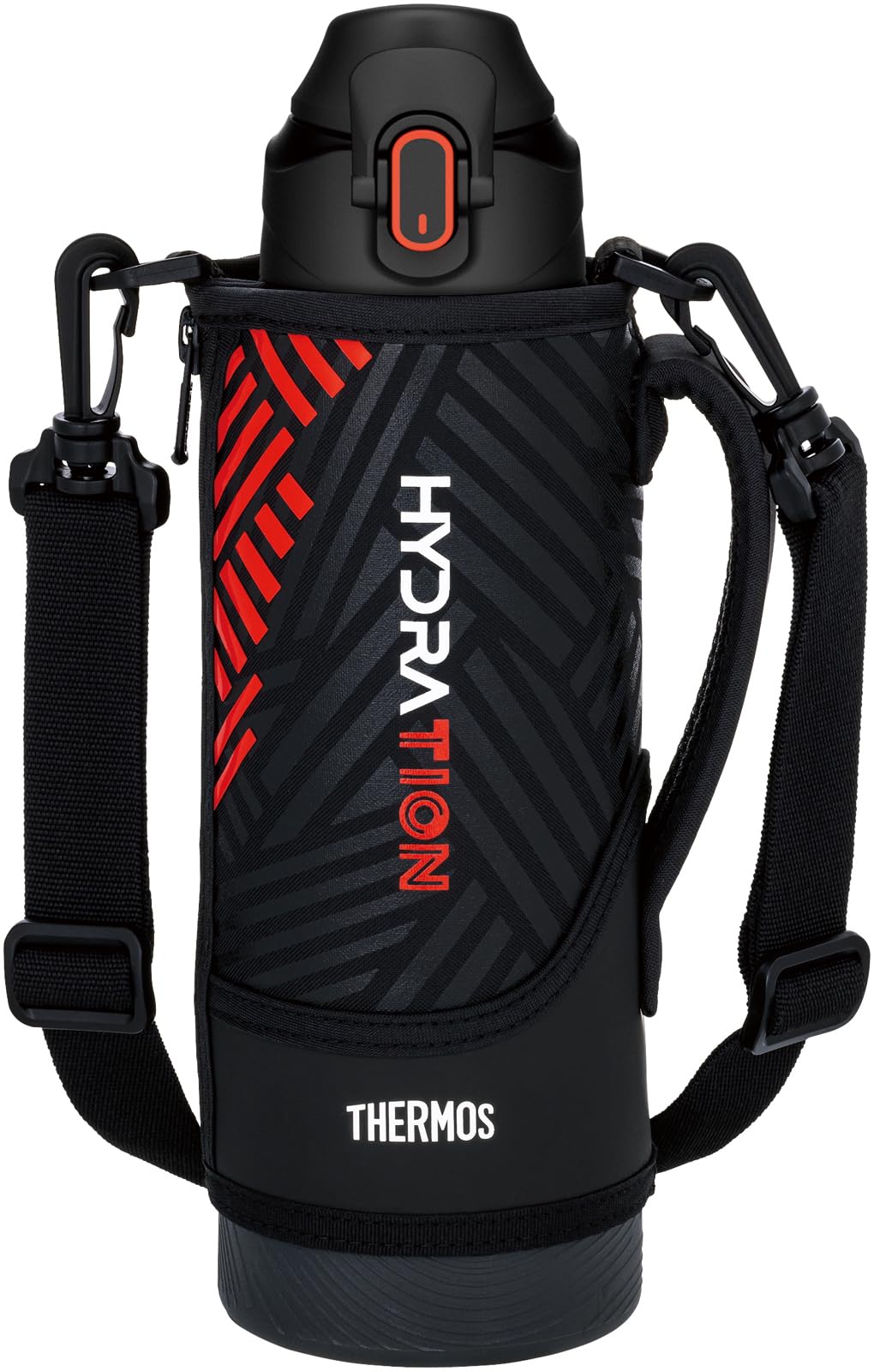 THERMOS Vacuum Insulated Sports Bottle 1L Black Orange with Strap