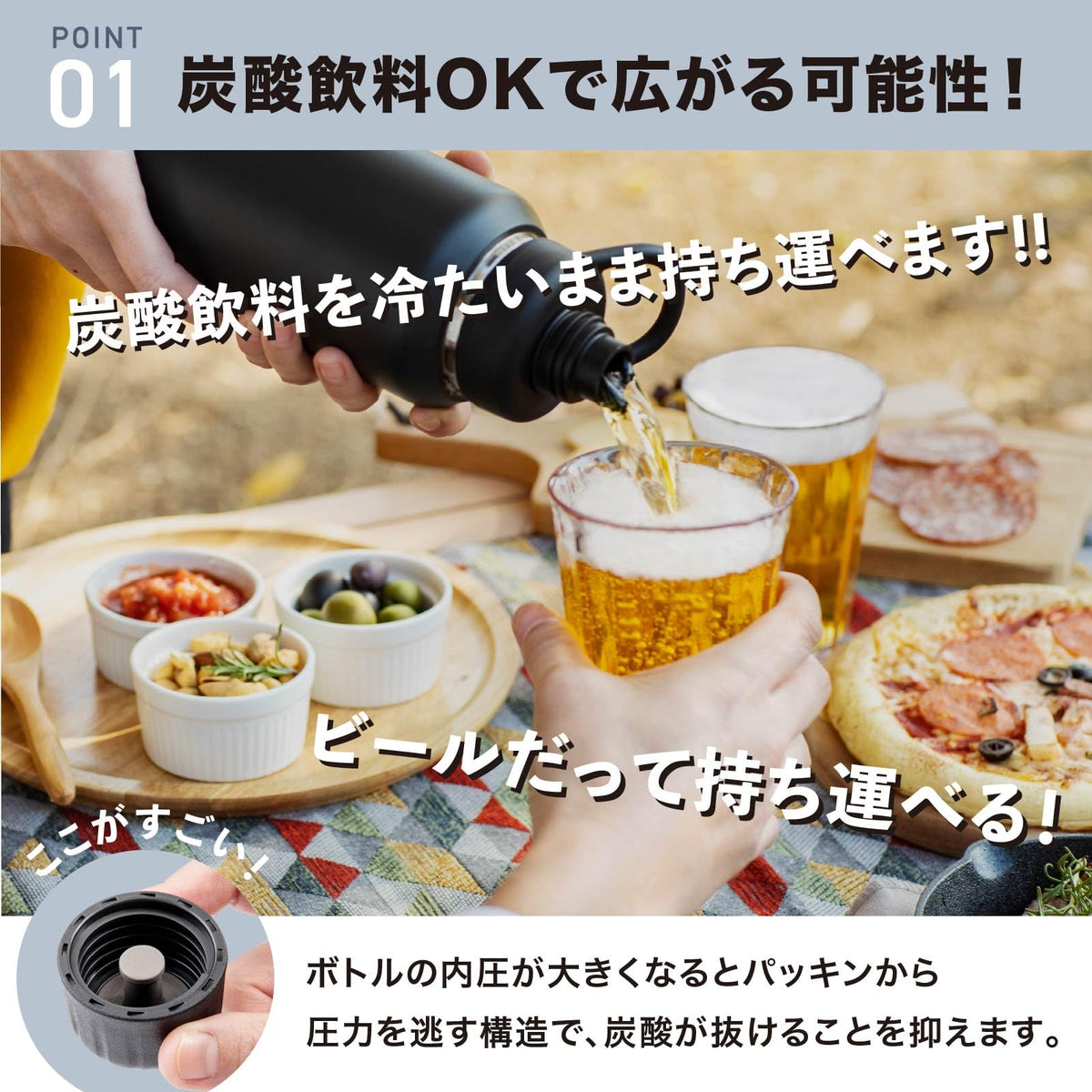 【炭酸も持ち運べるボトル】ピーコック魔法瓶 水筒 炭酸対応 ベージュ 1L 保冷 炭酸 直飲み スポーツ 持ち手 魔法瓶 AJL-R100 CA