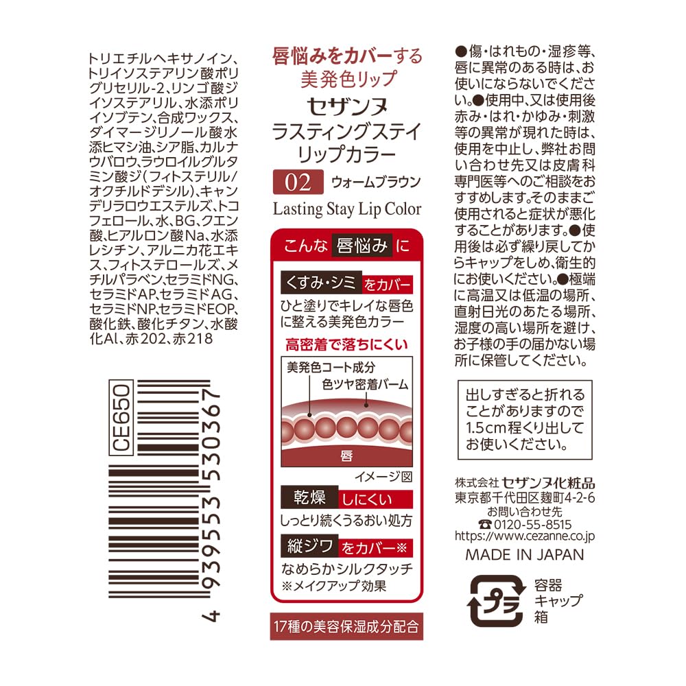 CEZANNE Lasting Stay Lip Color Warm Brown 4g Long-Lasting Vibrant Finish
