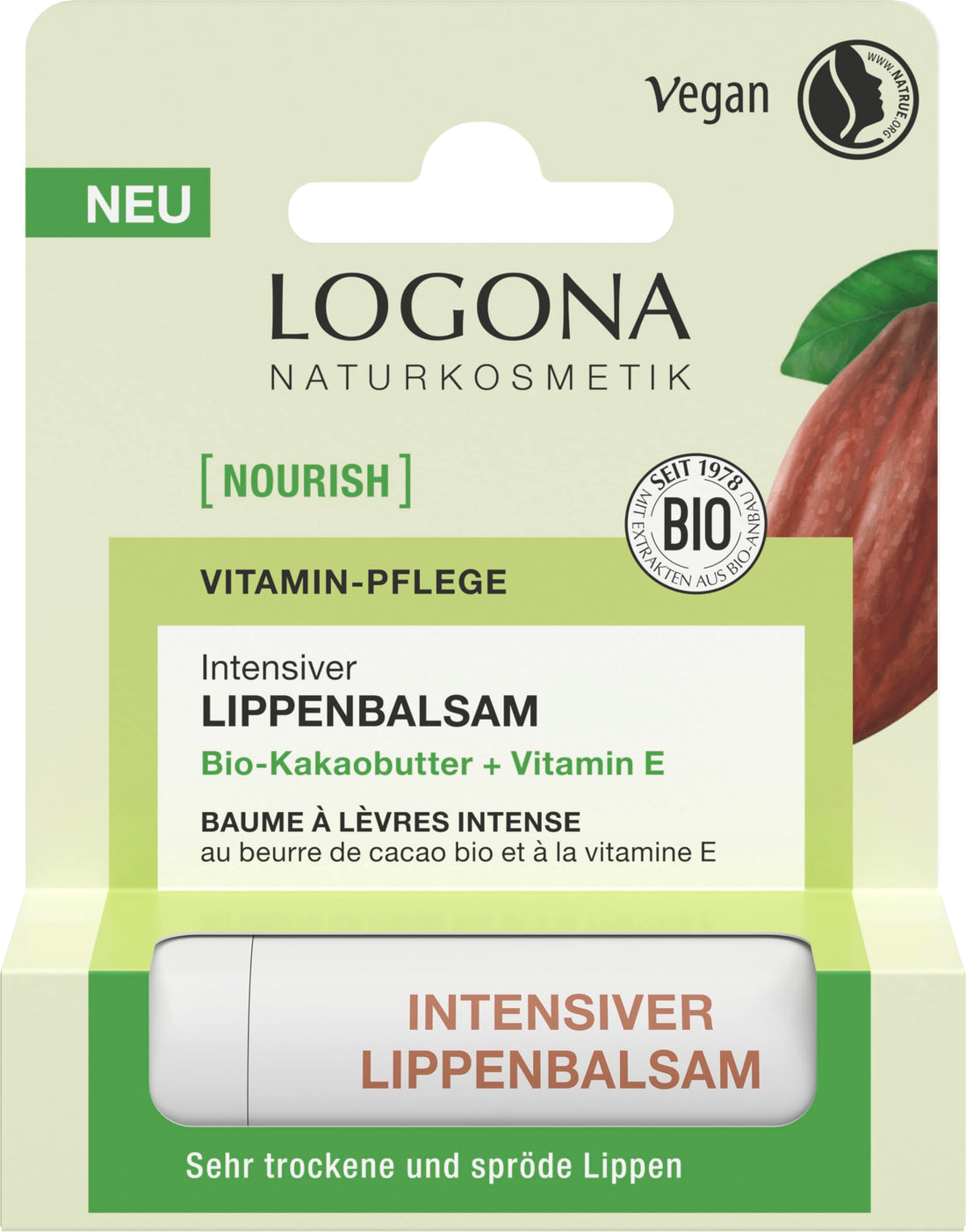 LOGONA Intensive Lip Balm Organic Cocoa 4.6g for Nourished Lips