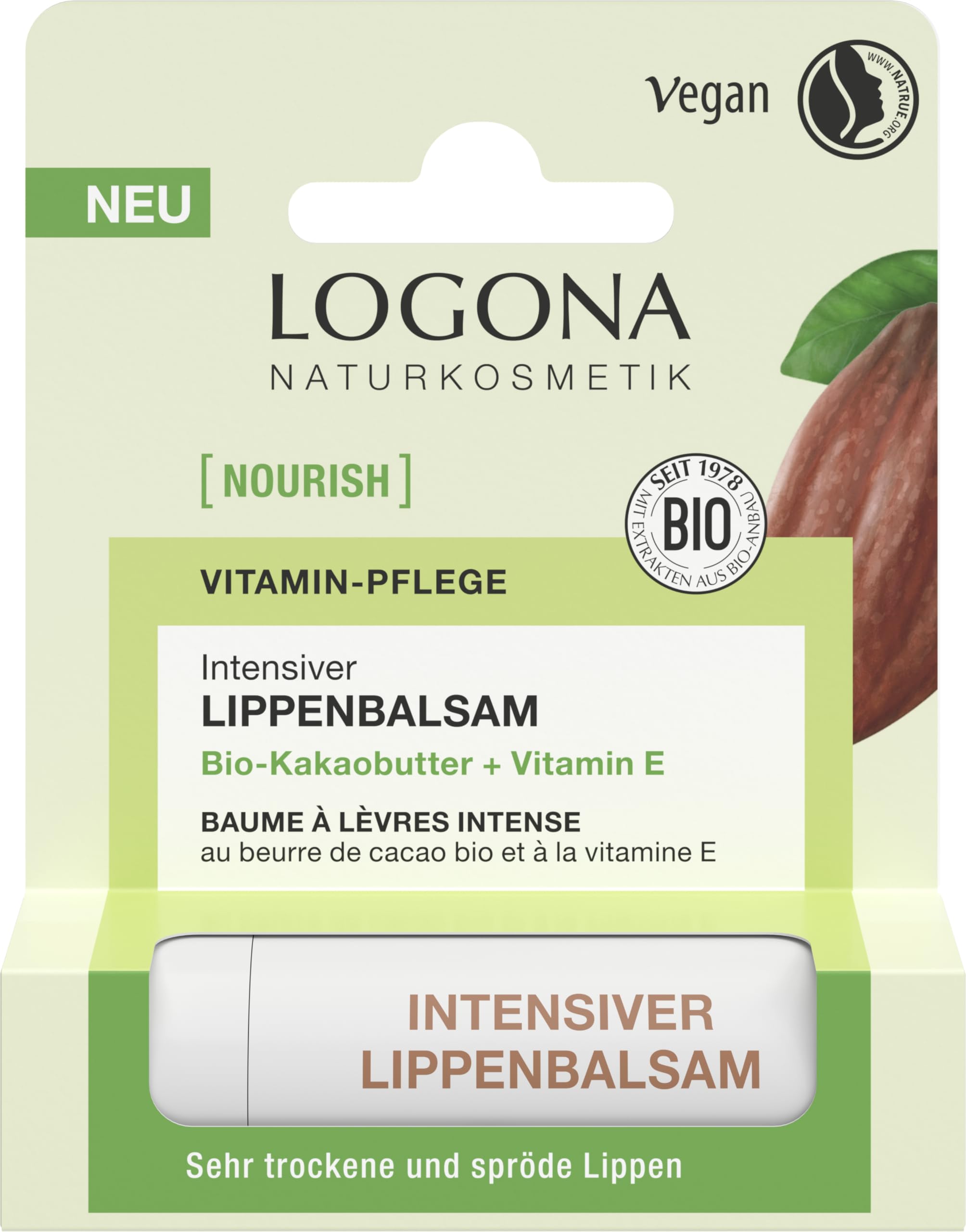 LOGONA Intensive Lip Balm Organic Cocoa 4.6g for Nourished Lips