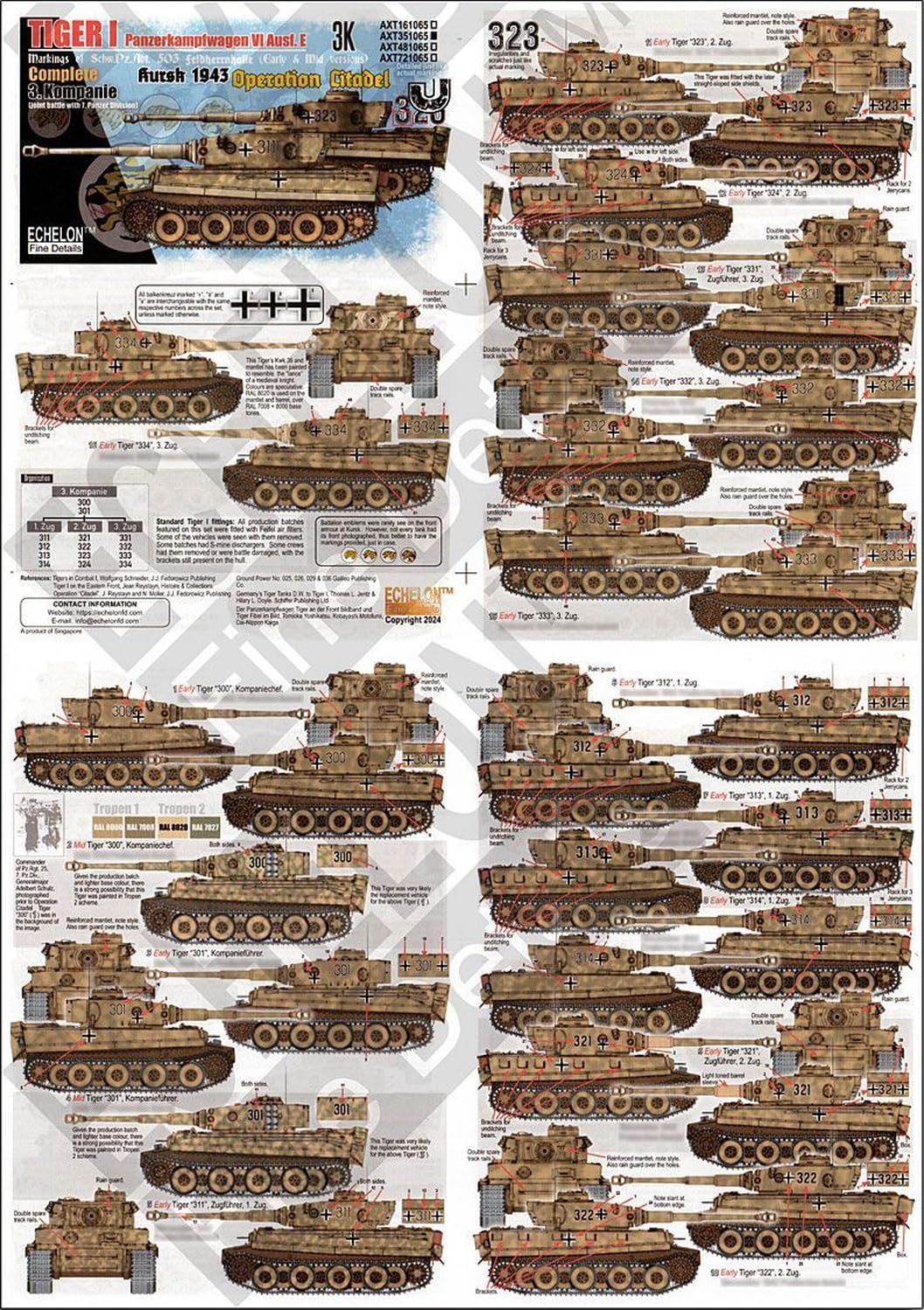 ECHELON 1/35 German Tiger I Tank Decals for Kursk 1943 Model Kit