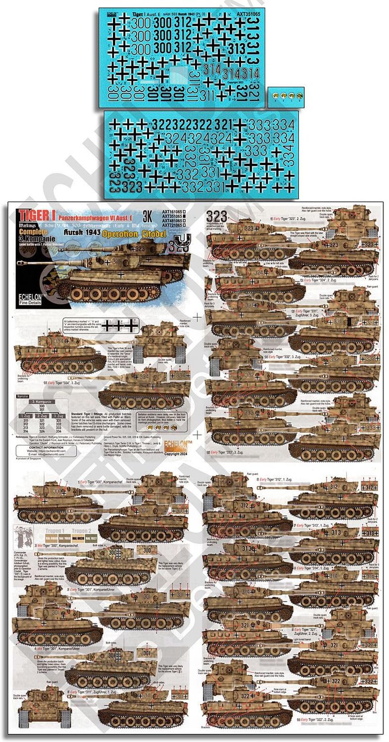 ECHELON 1/35 German Tiger I Tank Decals for Kursk 1943 Model Kit
