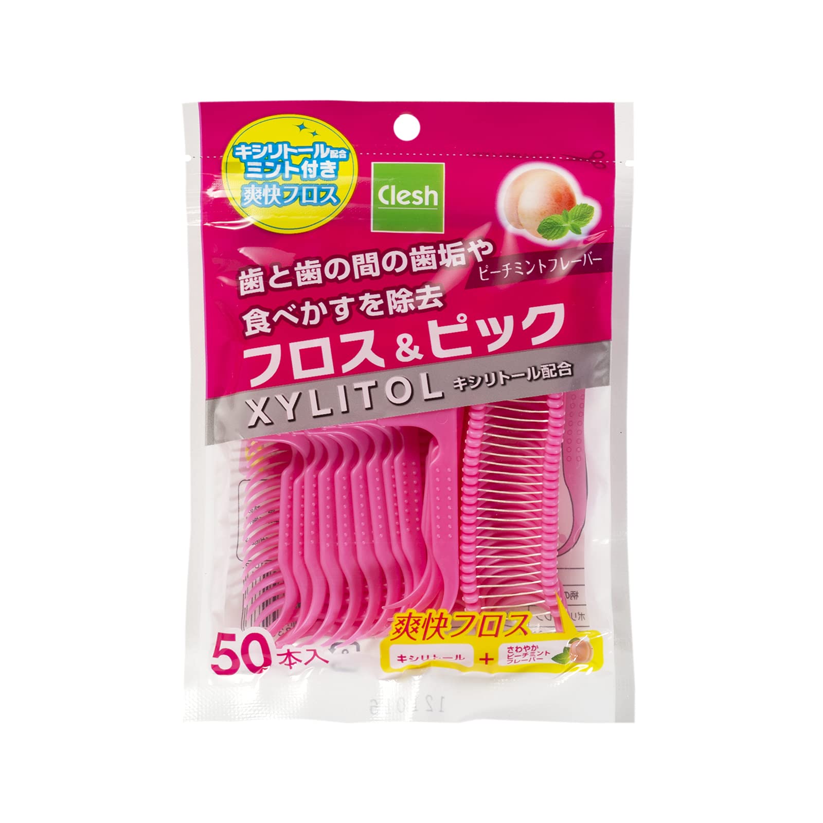 addgood Clesh Floss &amp; Pick Xylitol Peach Mint 50 Sticks