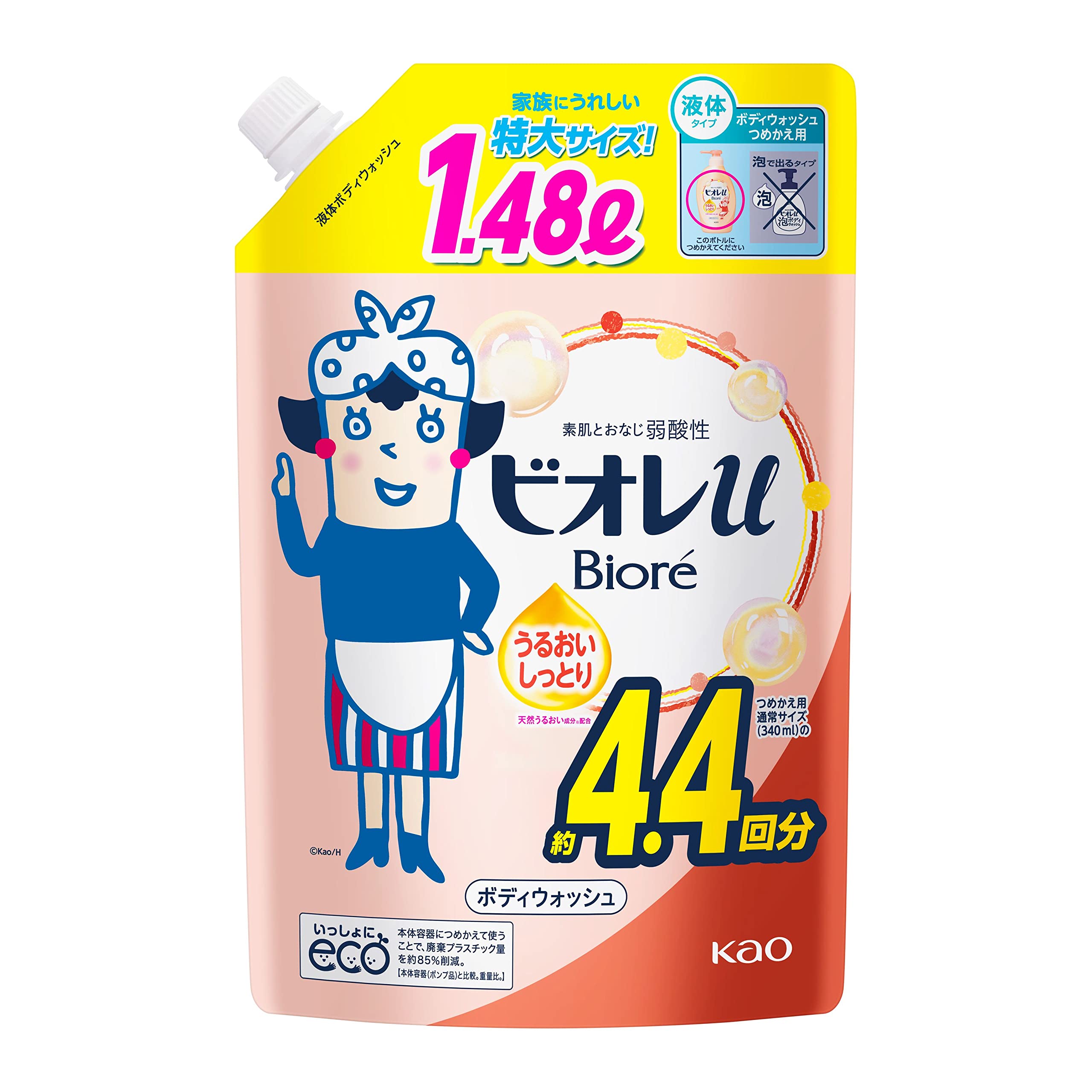 Biore u 【grand format】 gel douche hydratant recharge 4,4 fois 1,48 litre savon faible acidité utilisable sur la peau des bébés gel de lavage corporel produit de nettoyage pour tout le corps 【exclusivité Amazon.co.jp】