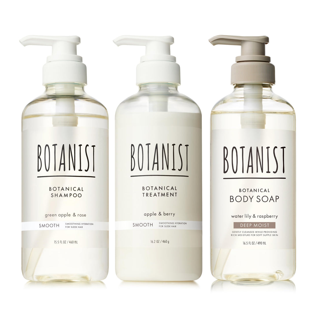 BOTANIST Shampoo, Treatment & Body Soap 3-Piece Set, Smooth × Deep Moist, 460mL + 460g + 490mL