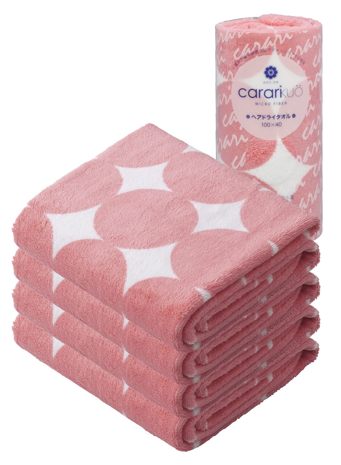 [Amazon.co.jp Exclusive] carari Hair Drying Towel Microfiber with Absorbency [3.3 times] KUO Circle Pink Set of 4 Quickly Absorbs Water with Fiber Gaps Fast Drying Marshmallow Soft Touch Fluffy and Mochi-like 40×100cm CB Japan Carari Kuro