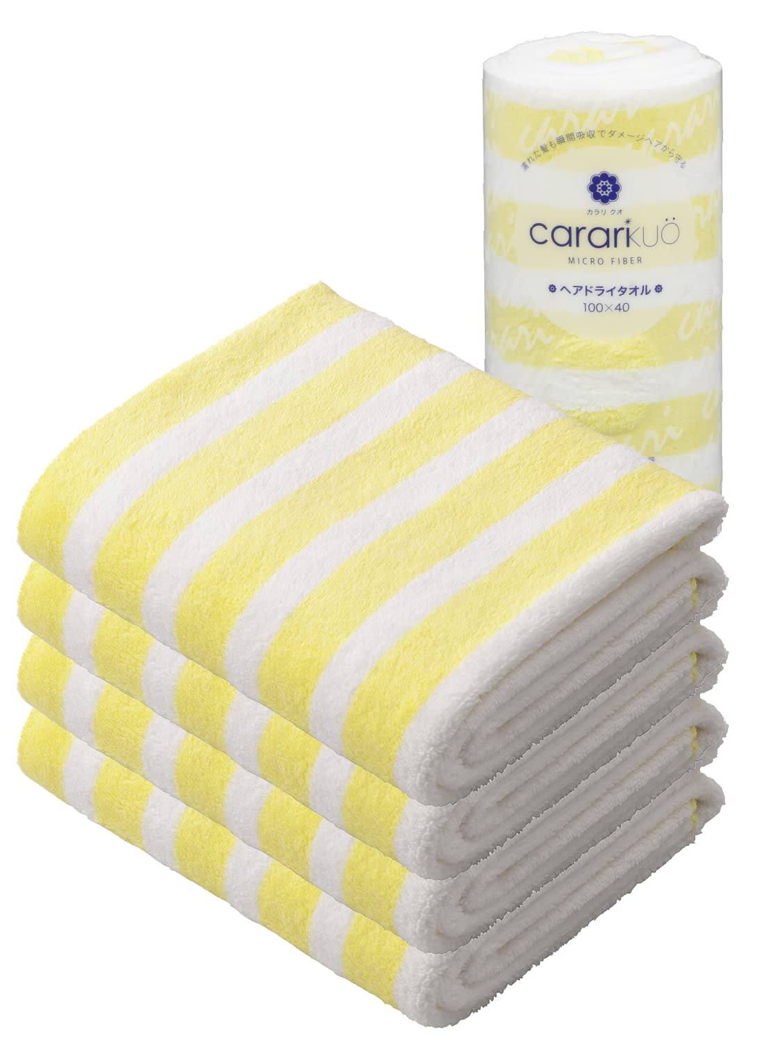 [Amazon.co.jp Exclusive] carari Hair Drying Towel Microfiber with Absorbency [3.3 times] KUO Border Yellow Set of 4 Quickly Absorbs Water in Fiber Gaps Quick Drying Marshmallow Softness Fluffy and Mochi-like 40×100cm CB Japan Carari Kuo