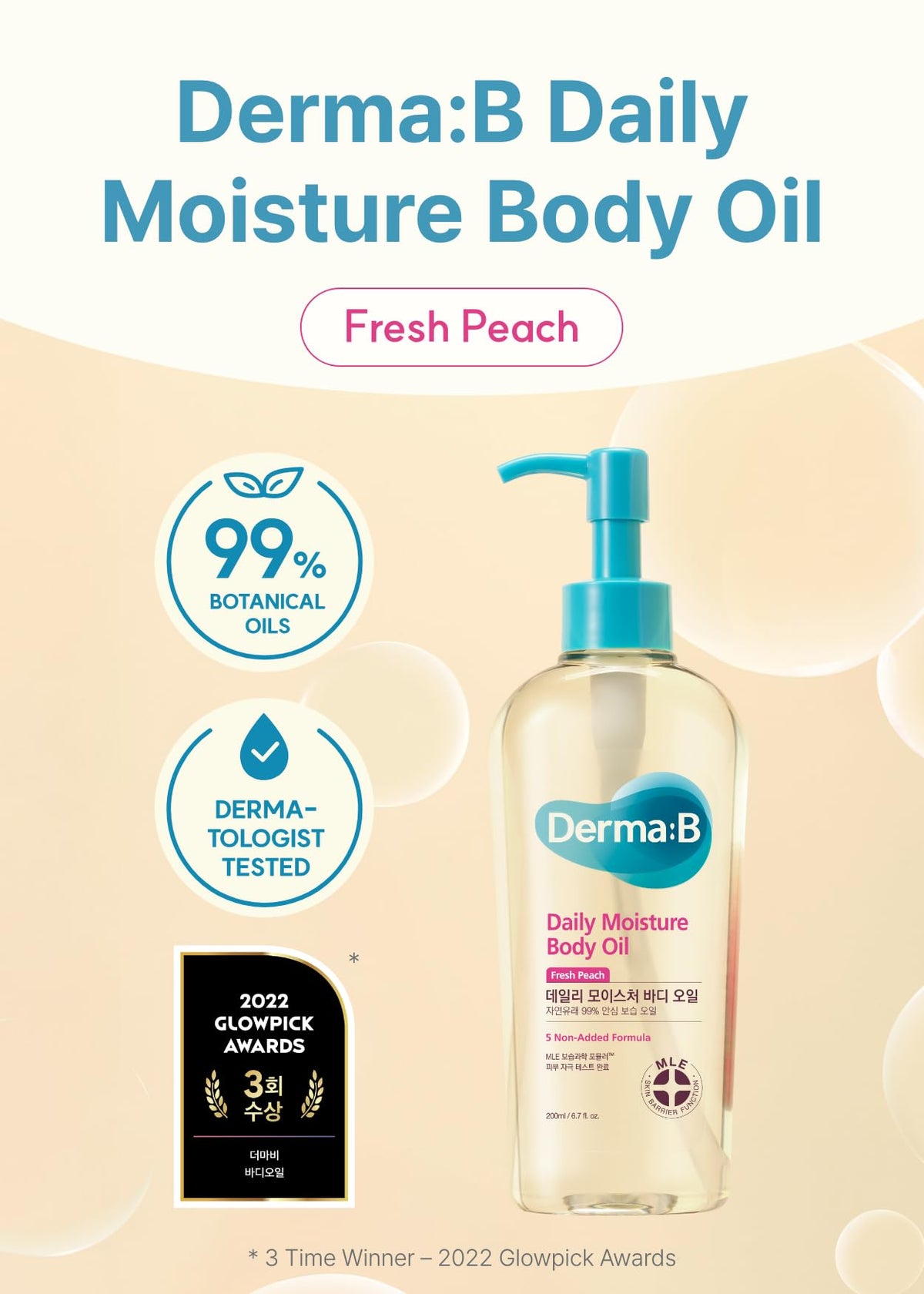 DERMA:B Daily Moisture Body Oil 200mL Peach Scented Lightweight Hydration