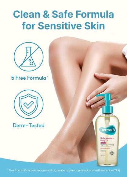 DERMA:B Daily Moisture Body Oil 200mL Peach Scented Lightweight Hydration