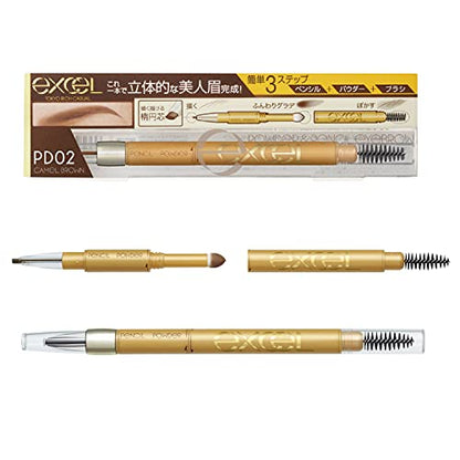 excel Poudre et Crayon à Sourcils EXPD02 (Camel Brown) Crayon à Sourcils Brosse à Sourcils Poudre à Sourcils