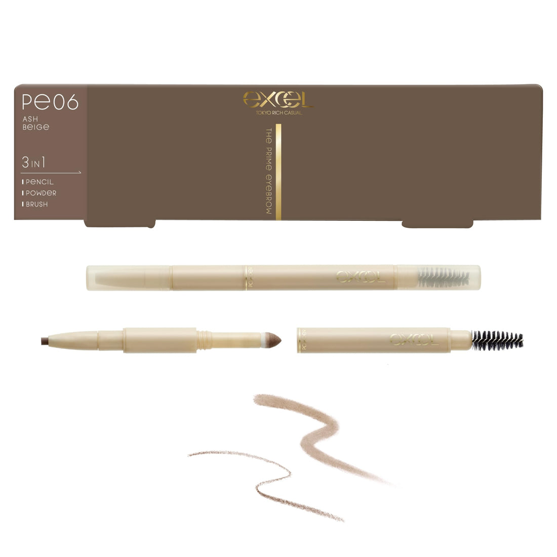 excel The Prime Eyebrow PE06 Ash Beige Eyebrow Pencil 3-in-1