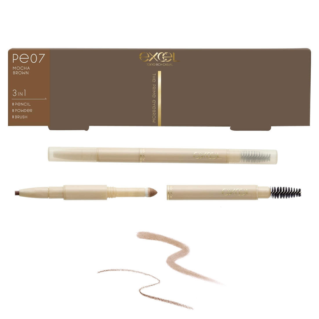 excel The Prime Eyebrow PE07 Mocha Brown 3-in-1 Eyebrow Pencil