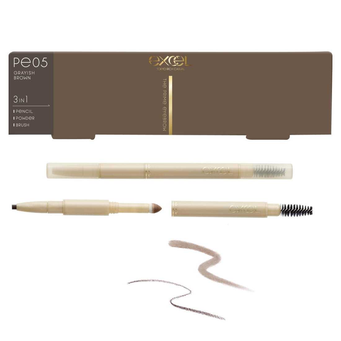 excel The Prime Eyebrow PE05 Grayish Brown Eyebrow Pencil 3-in-1