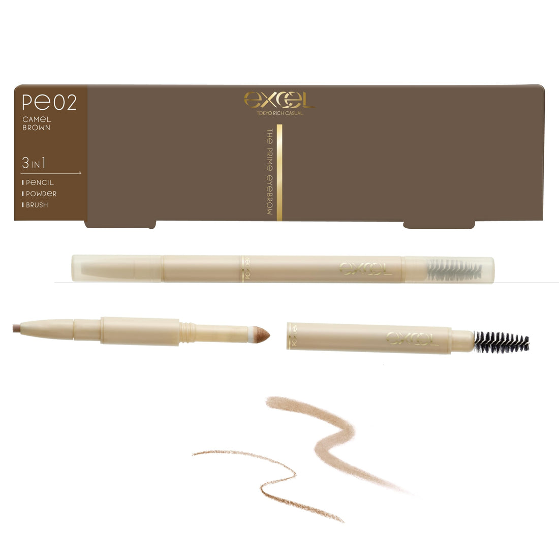 excel Prime Eyebrow Pencil Camel Brown with Brush and Powder