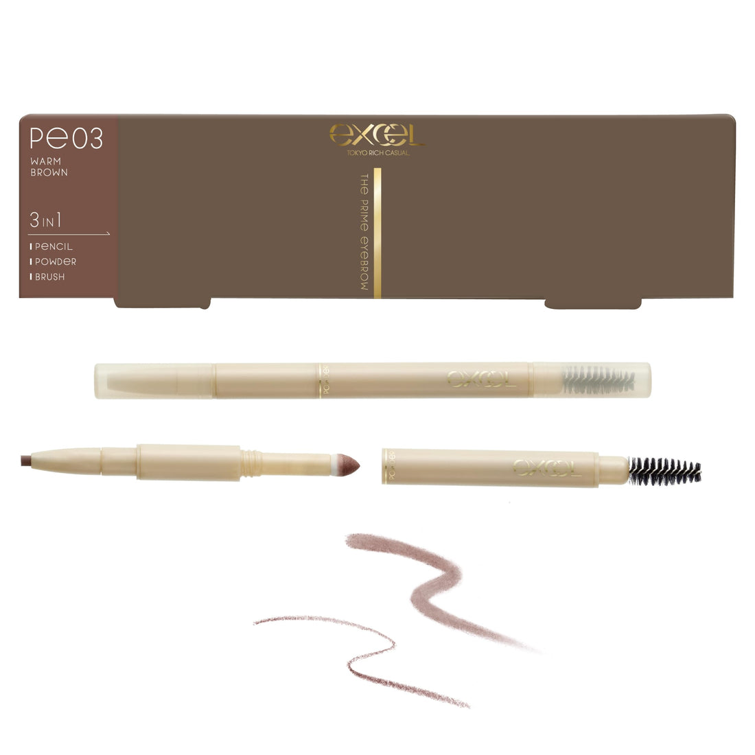 excel The Prime Eyebrow PE03 Warm Brown Eyebrow Pencil and Brush