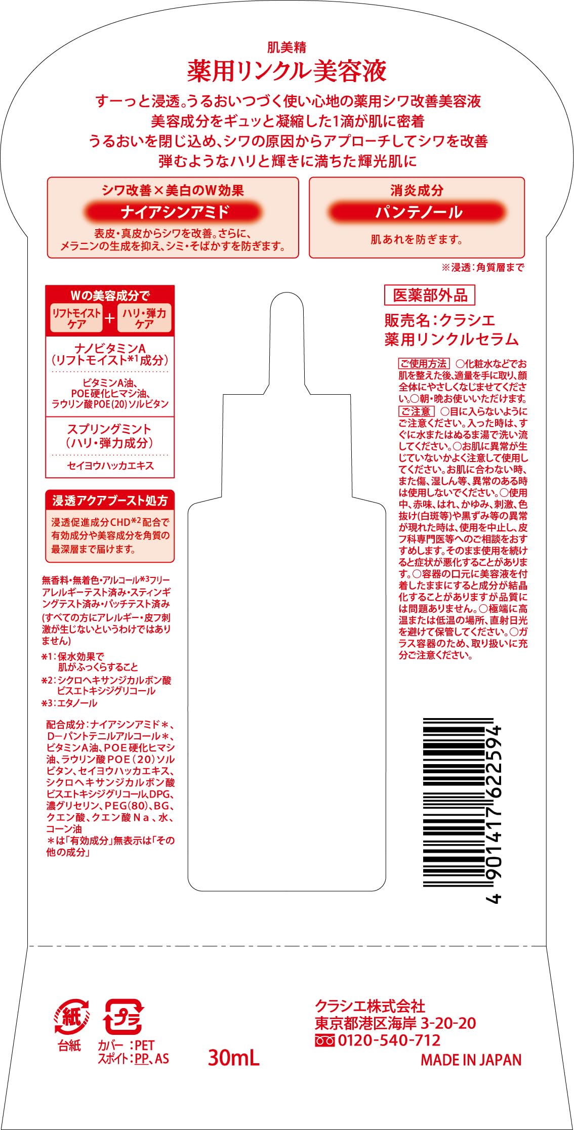 Hadabisei Wrinkle Serum 30ml with Niacinamide for Japanese Skincare