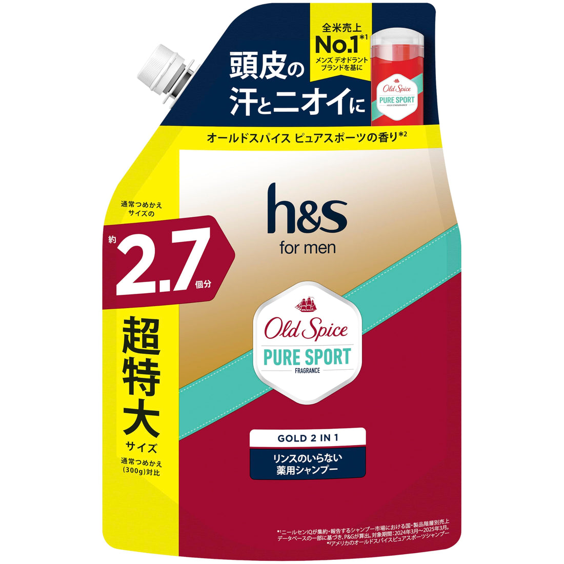 h&amp;s for men Gold 2-in-1 Shampoo, Old Spice Pure Sport Scent, Extra-Large Refill 800g [2.7 Refills]