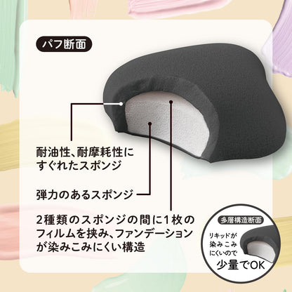 Kaijirushi KAI Foundation-Resistant Black Diamond-Shaped Two-Layer Puff Sponge KQ3277, 1 Piece