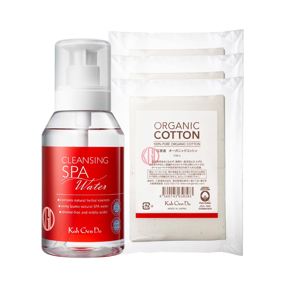 Koh Gen Do Cleansing Water Cotton Increase Set 【Main Product: 380mL, Organic Cotton 10 pieces x 3】