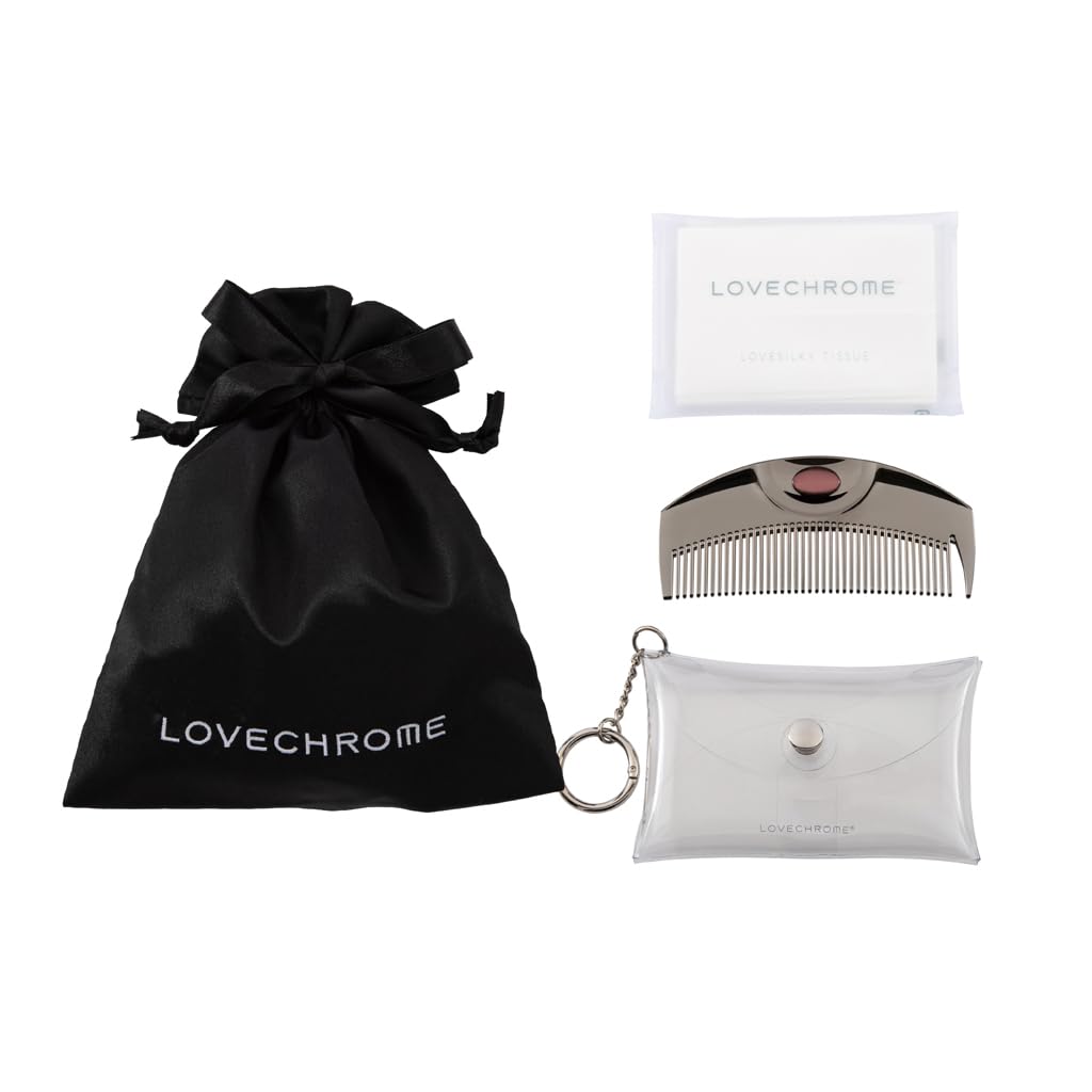 LOVE CHROME Tsuki Black Set, Black Comb Case Bag Charm Gift Set 100 x 46 x 9 mm