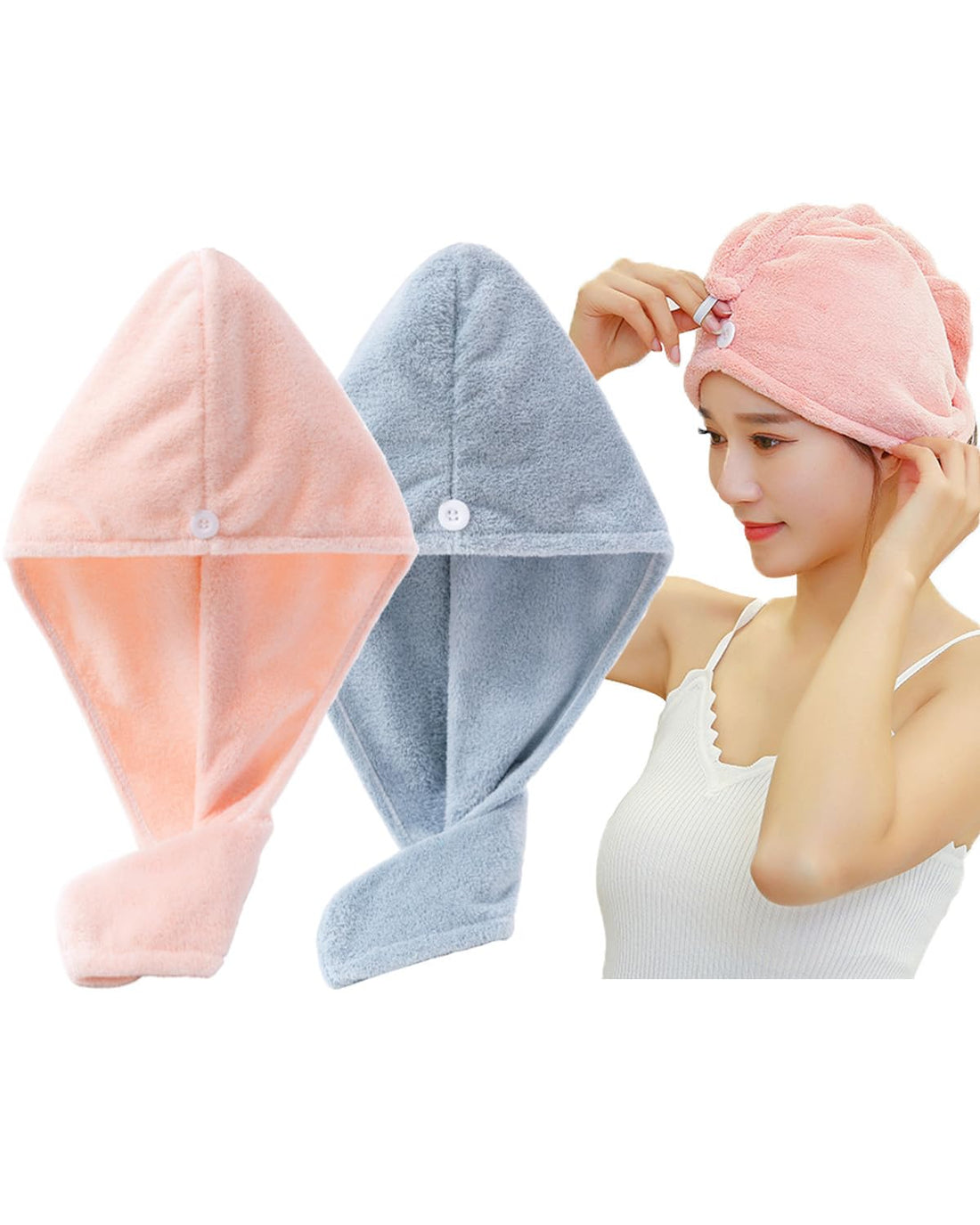 Lumimi Hair Dry Towel / Dry Cap, 2-Piece Set, Light Pink + Light Blue