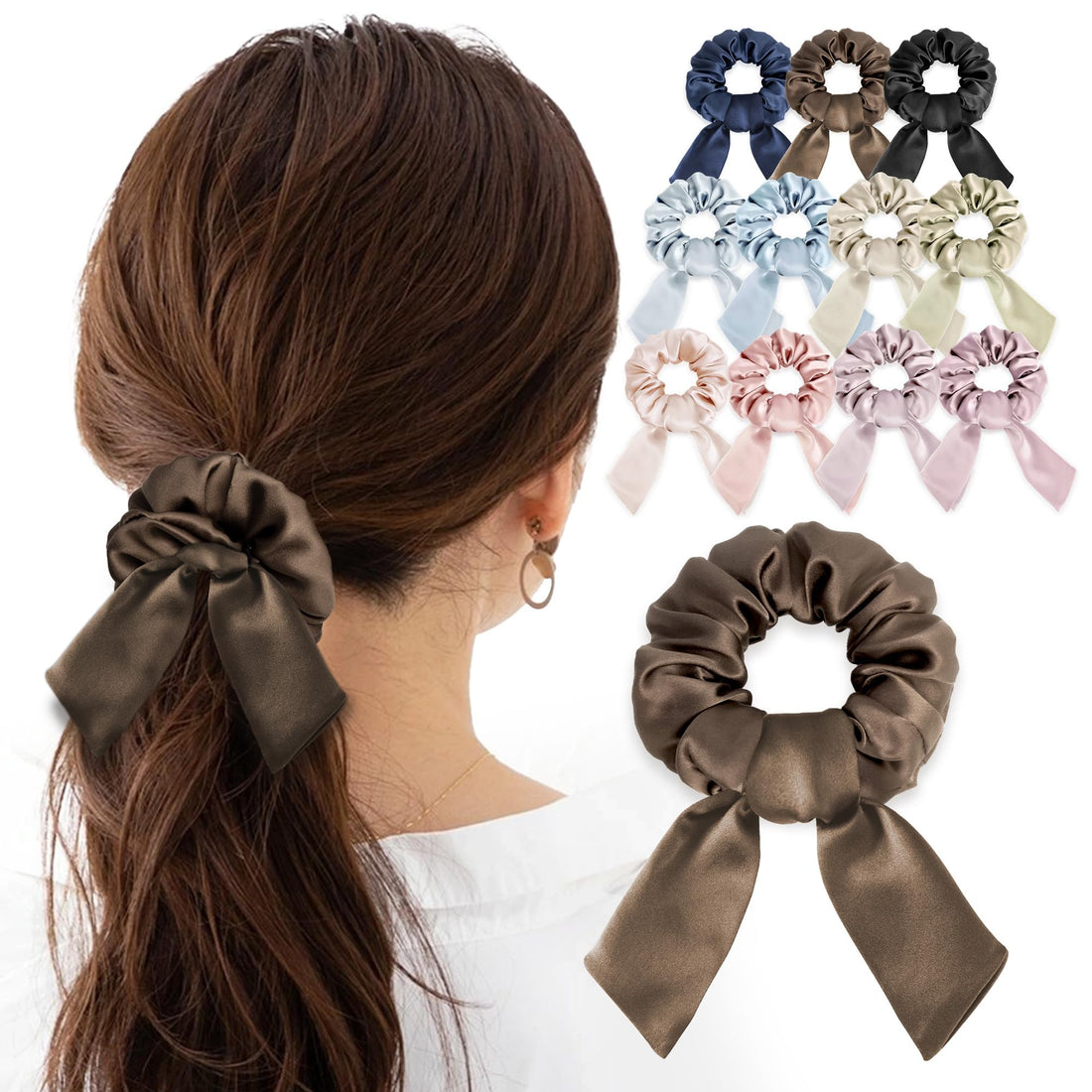 MOELIFE Silk Hair Tie Ribbon Scrunchie in Brown for Japanese Hair Care