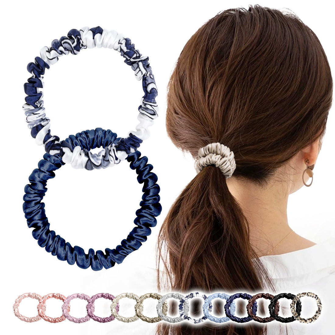 MOELIFE Silk Hair Tie Navy Floral 1cm Width