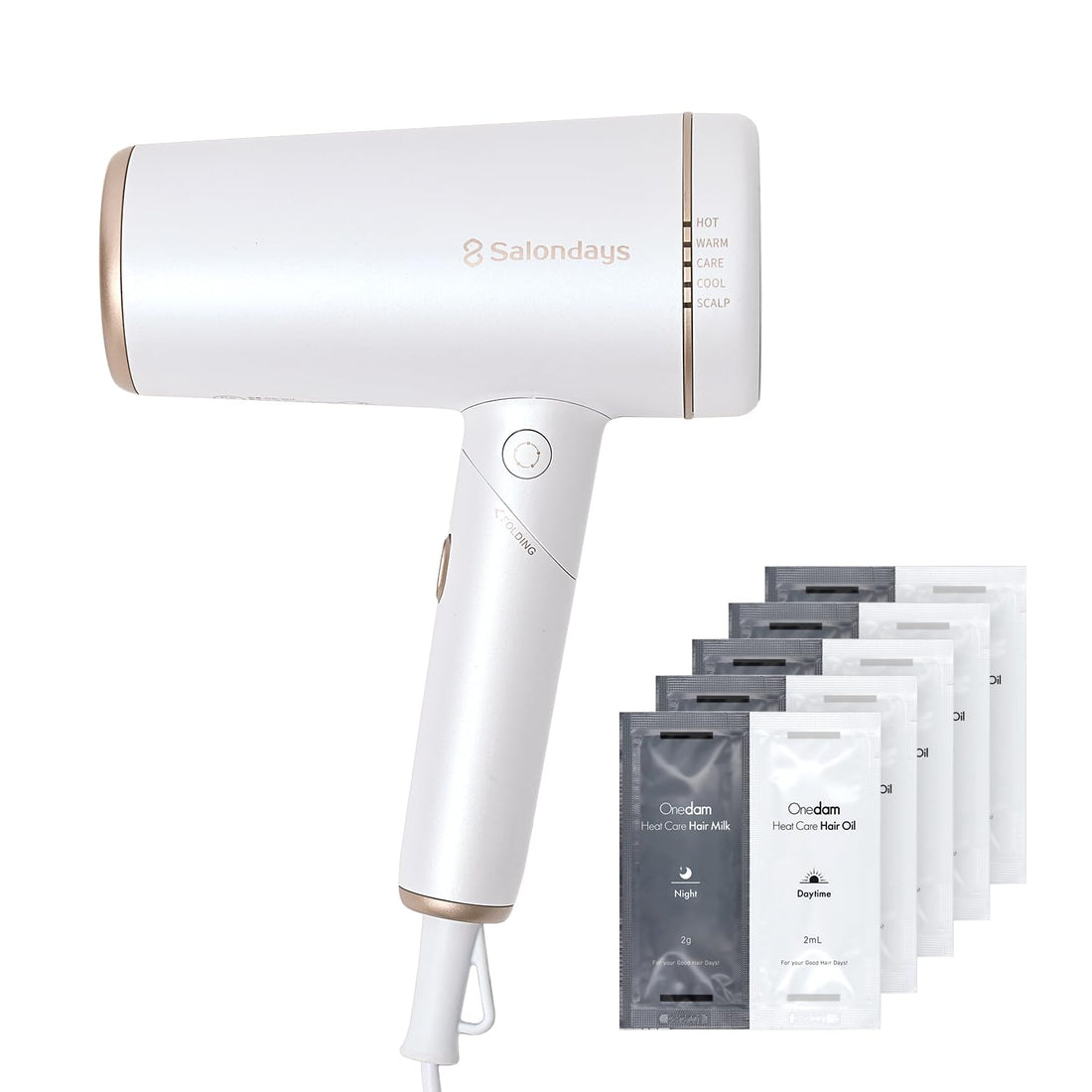 Onedam SHD-501F Hair Dryer, White, with 5 Hair Milk &amp; Hair Oil Samples