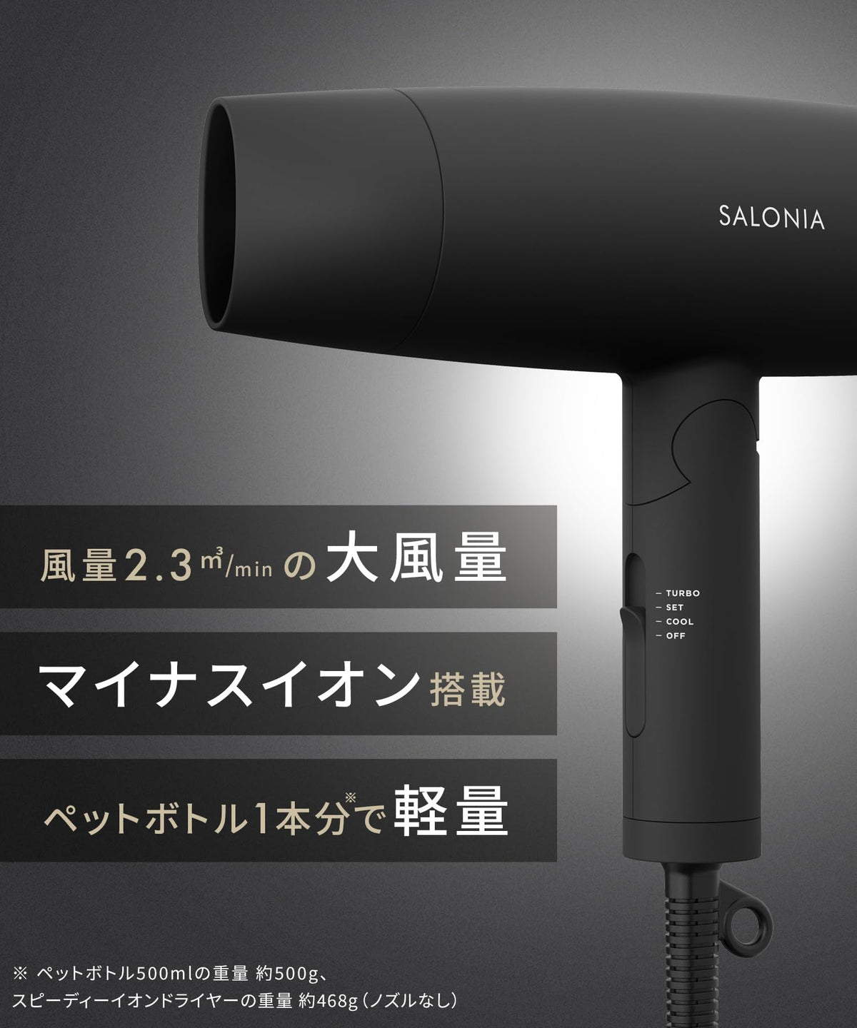 SALONIA Speedy Ion Hair Dryer Lightweight Fast Drying 1600W