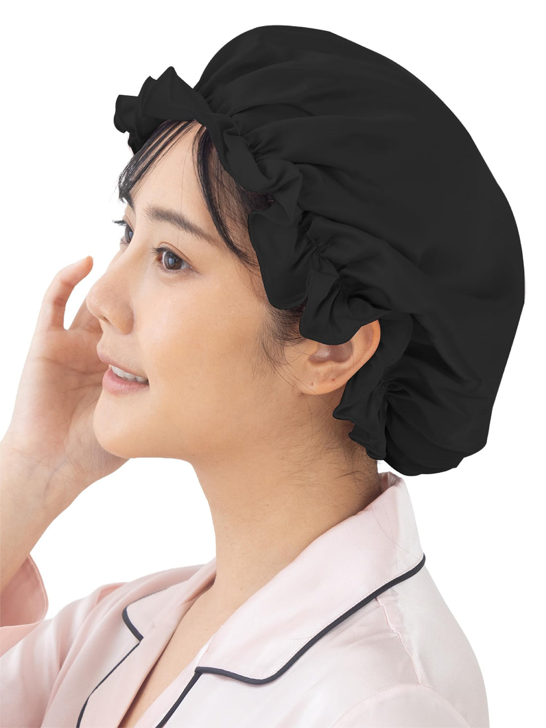 SEAWIND 100% Silk Nightcap for Short Hair, Black, L, 22 Momme