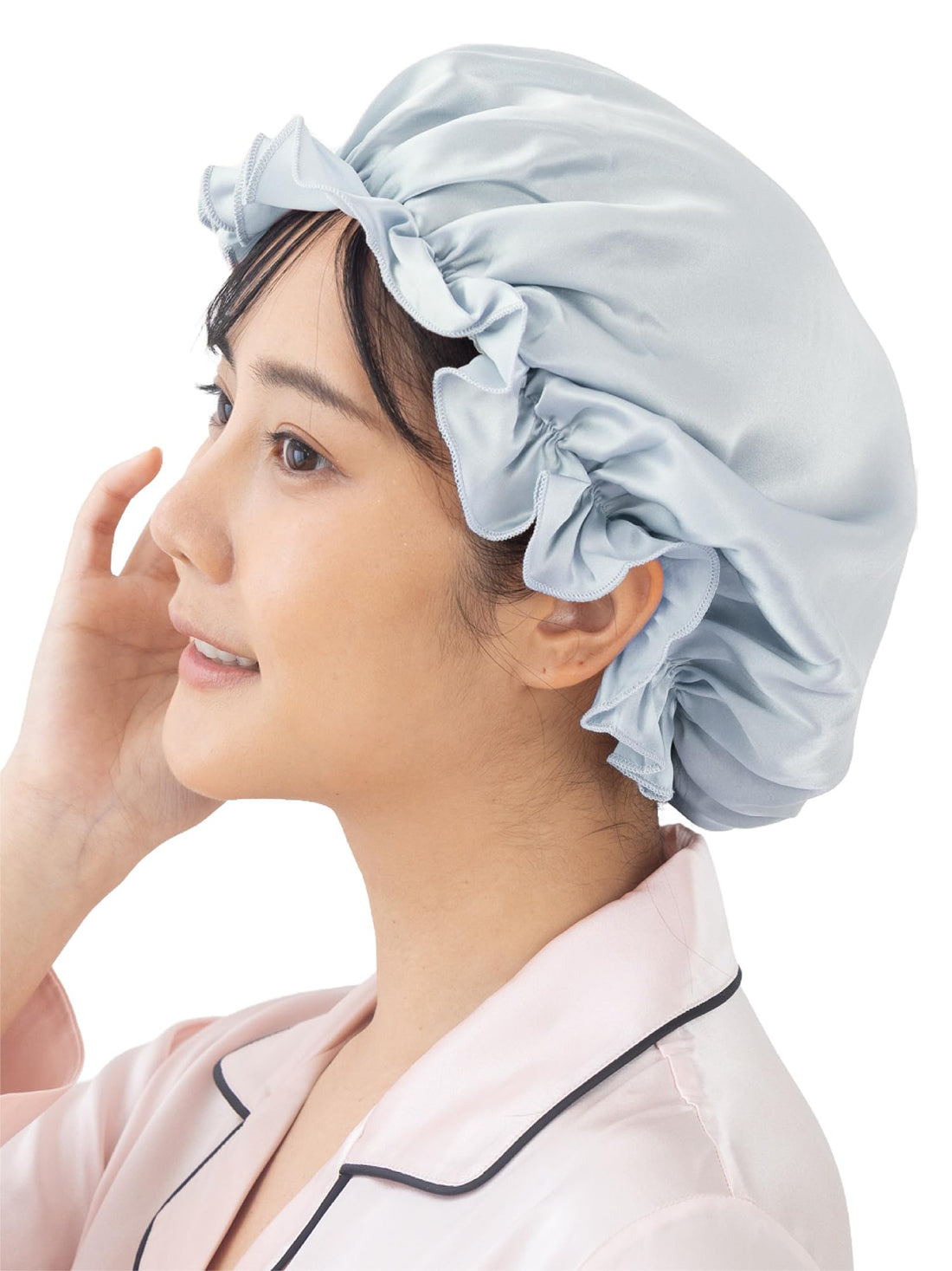 SEAWIND 100% Silk Night Cap for Short Hair, 22 Momme, Grayish Blue, L