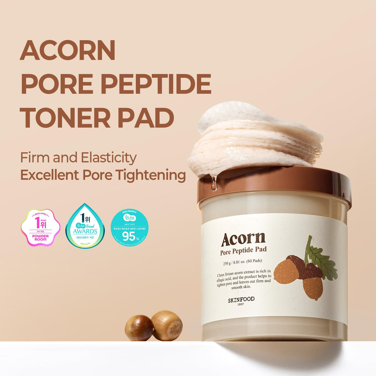 SKINFOOD 1957 Toner Pads with Acorn Peptides 250g for Japanese Skincare