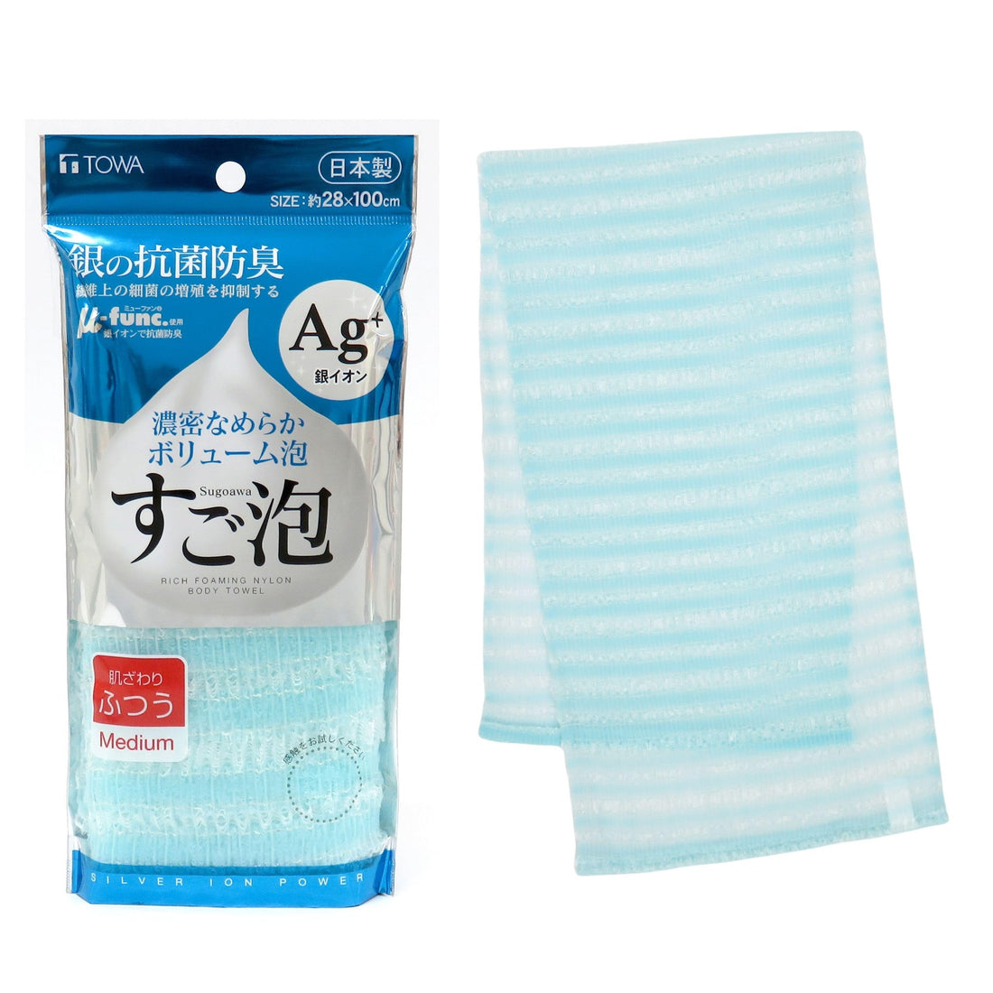 Touwasangyou Sugoawa Silver Antibacterial Nylon Body Towel, Regular, Blue 28×100cm
