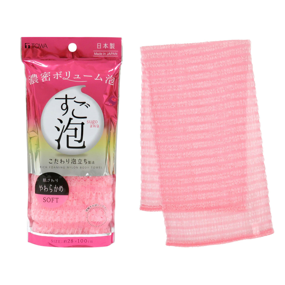 Towa Sangyo Sugoawa 4 Nylon Body Towel, Soft, Pink, Approx. 28×100cm